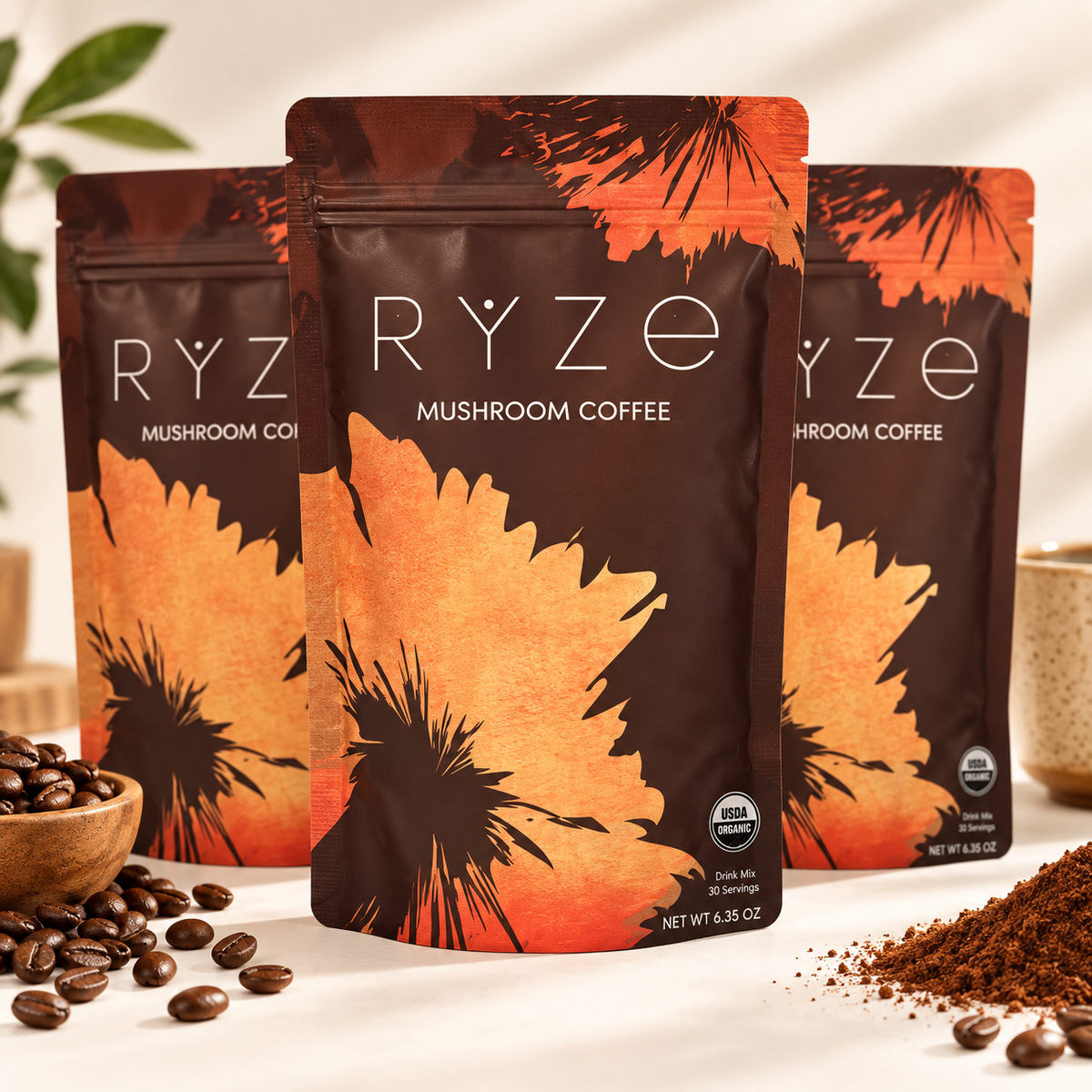 RYZE Organic Mushroom Coffee Drink Mix – 30 Servings, 6.35 oz