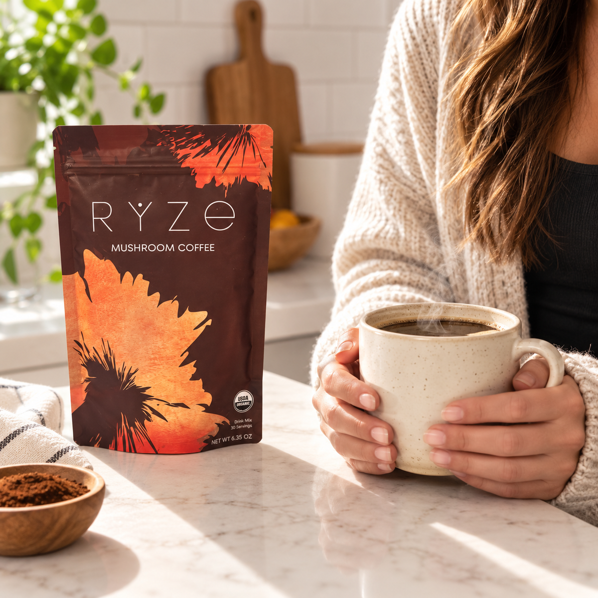 RYZE Organic Mushroom Coffee Drink Mix – 30 Servings, 6.35 oz
