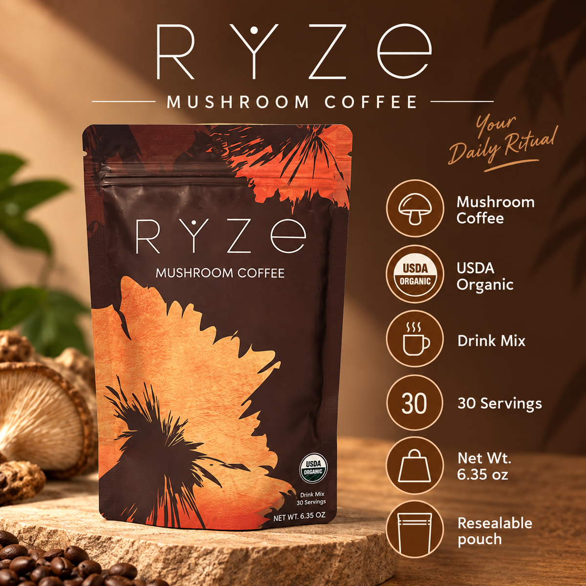 RYZE Organic Mushroom Coffee Drink Mix – 30 Servings, 6.35 oz