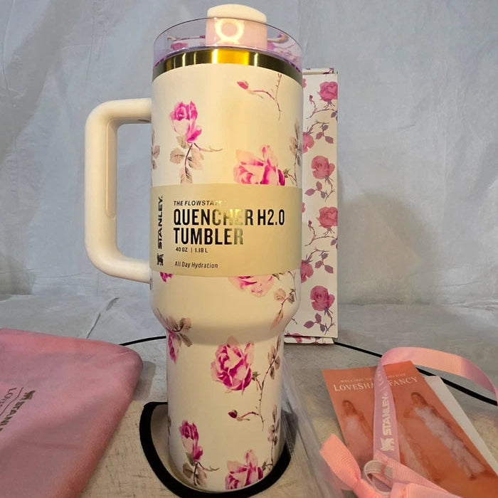 Stanley Pink Floral 40 oz Insulated Tumbler with Handle & Straw